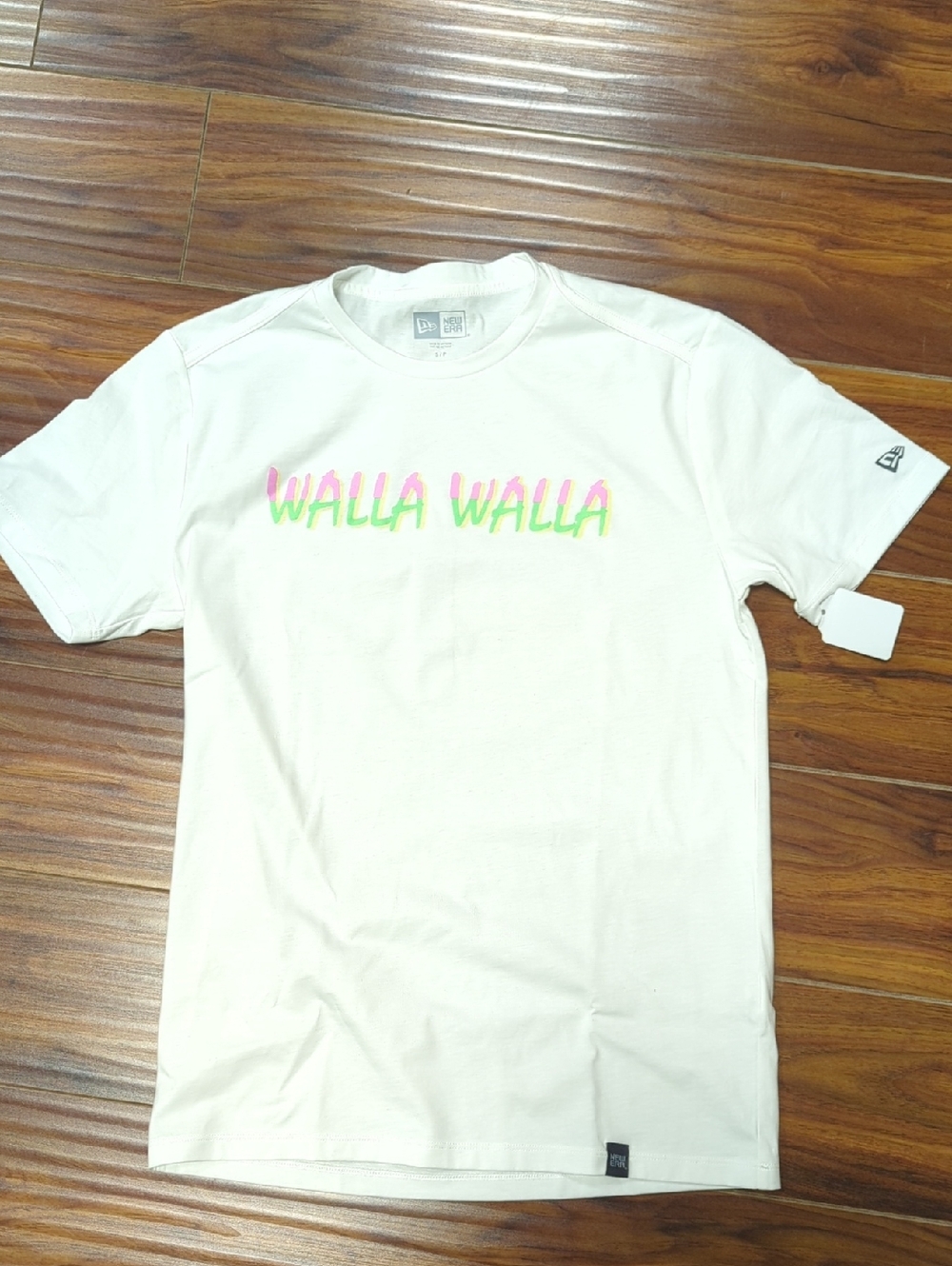 New Era White Short Sleeve Tee with Pink and Green "WALLA WALLA" Graphic